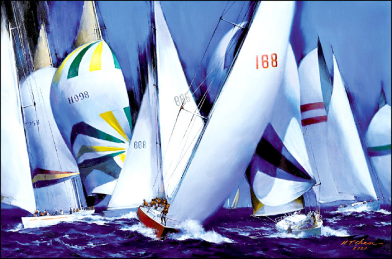 〈碧海藍天彩帆行〉，197×300cm，2020。