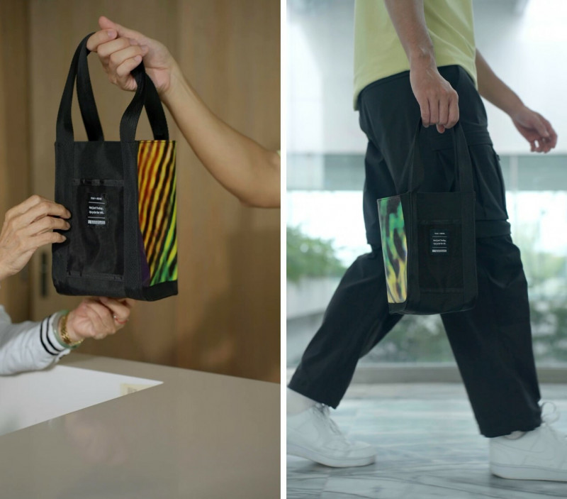 北美館推出以展覽宣傳帆布及路燈旗布回收後的材料打造美術的「循環觀眾包」及「循環隨行包」。（北美館提供）