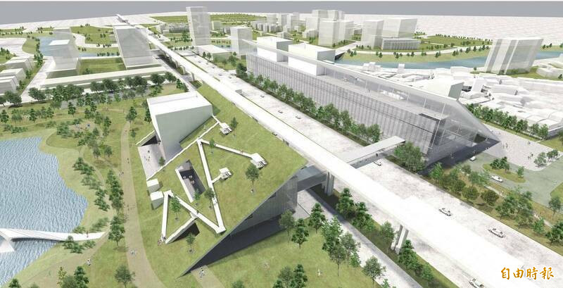 桃園市政府在機場捷運下方正新建空橋（中），以利串連桃園市立美術館（右）與兒童美術館（左）。（模擬圖由桃園市政府提供）