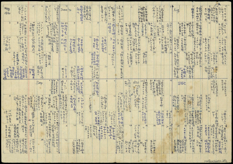 陳中統在筆記紙上畫分格子，1格為1個月，以日文書寫月曆內容；本面記事年份為1972年5月至12月，紙張大小約等於今日A5尺寸。（人權博物館提供）