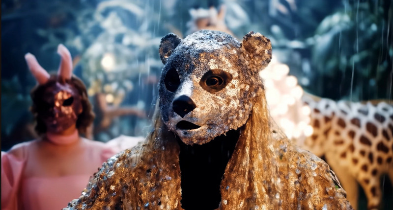 閃亮熊面具角色登場，展現AI結合達利式幽默與詭異美學。（擷取自The Dali MuseumYouTube頻道）