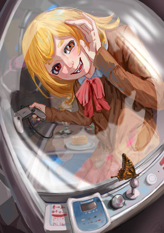 學生廖翊晴的電繪作品娃娃機，以夾娃娃的過程比喻追夢旅程，傳達對夢想的渴望與努力。（新營高中提供）