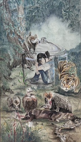 學生劉玟珊水墨作品舒適圈，以玻璃罐中的角色象徵逃避現實，呈現對社會疏離與內心渴望。（新營高中提供）