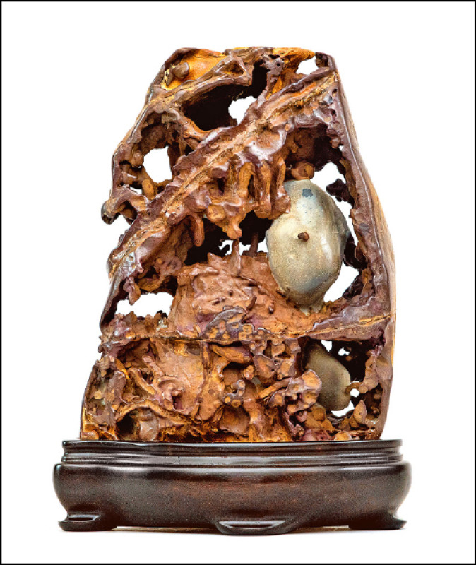 鐵釘石，產於峭壁中的板岩層內，需挖掘岩壁才能找到原石，其結構緊湊、變化奇巧。17×13×7公分。