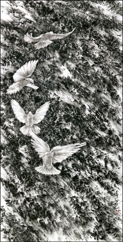 陳陽熙〈共譜和平〉水墨、宣紙，137×69公分，2021。