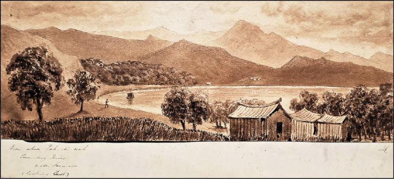 柯靈烏「亞洲探險台灣風土手繪圖〈俯視福爾摩沙北部淡水河八芝林景觀（朝東望）〉」，紙本手繪，20.7×43.2cm，1866-1867年，台史博藏。