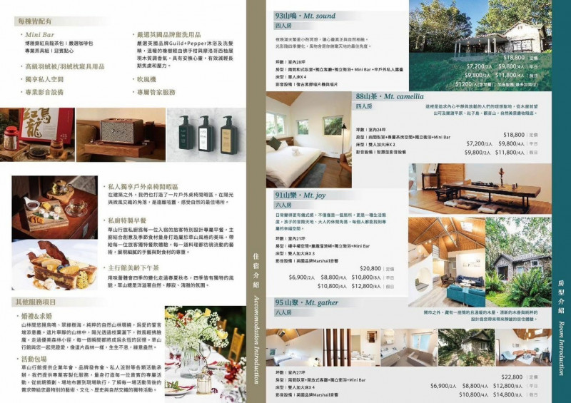 里長李秋霞表示，根據先前保存的平台資訊截圖顯示，名為「山鳴」、「山鳴」四人房型定價1萬8800元，「山鳴」定價20800元；不過記者實際在網路搜索草山行館，頁面僅顯示「網站建置中」，未有更多訊息。 （圖由里長李秋霞提供）