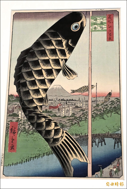 歌川廣重彩印版畫〈名所江戸百景：水道橋駿河台〉，1857，35.9x24.9cm，足立區立郷土博物館。（記者凌美雪攝）