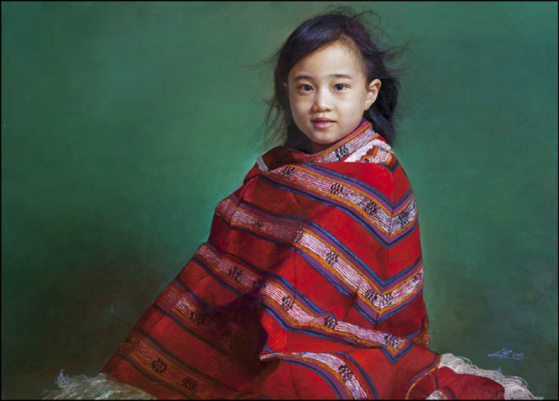 林欽賢〈穿著邵族披風的宸宸〉油彩、畫布，91×65公分，2015。