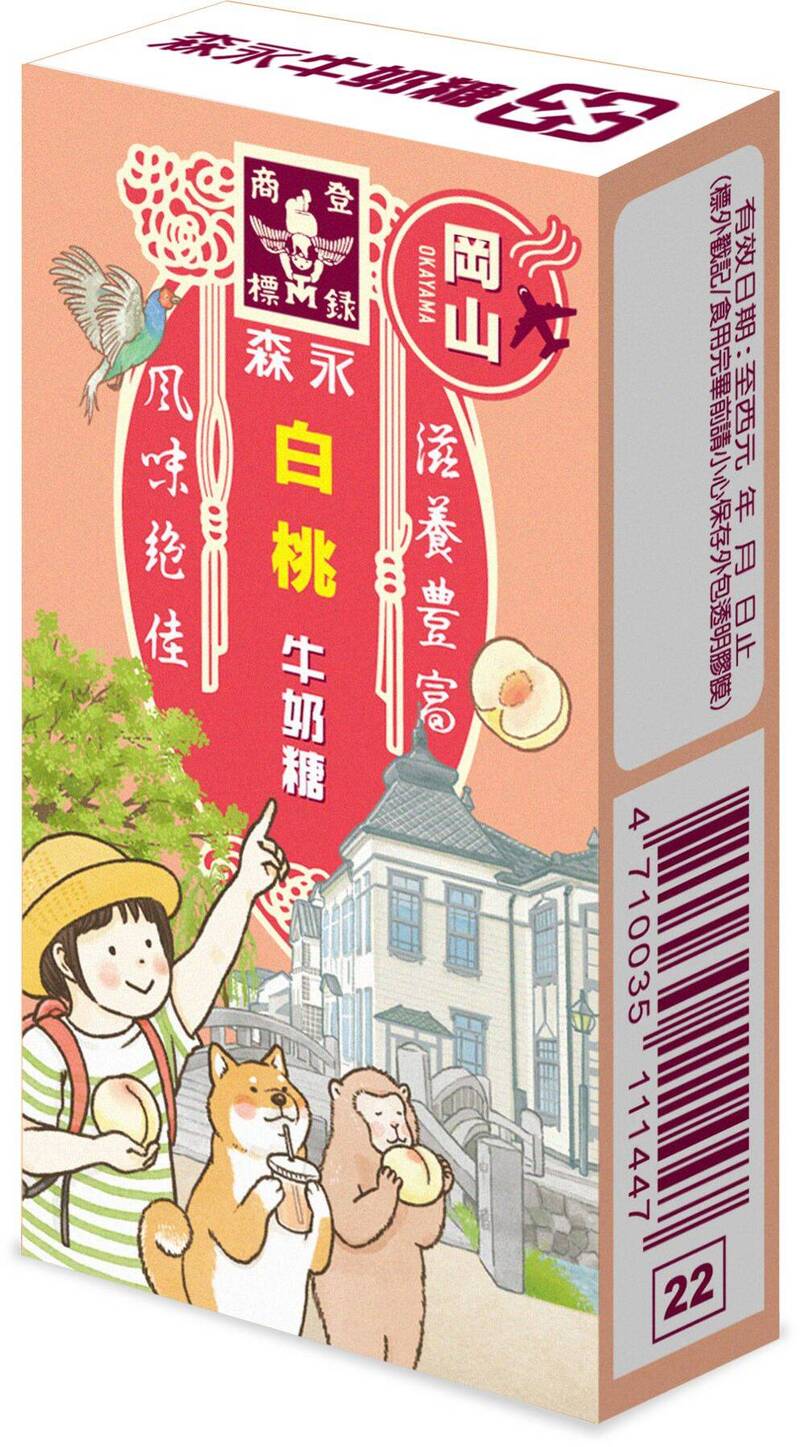 白桃風味牛奶糖包裝的插畫是岡山・倉敷美觀地區。（森永牛奶糖提供）