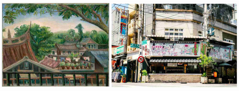 1942陳澄波畫作《初秋》、私人收藏。從陳澄波故居2樓外的風景，故居現址位在熱鬧的蘭井街上。（攝影由下港女子提供）