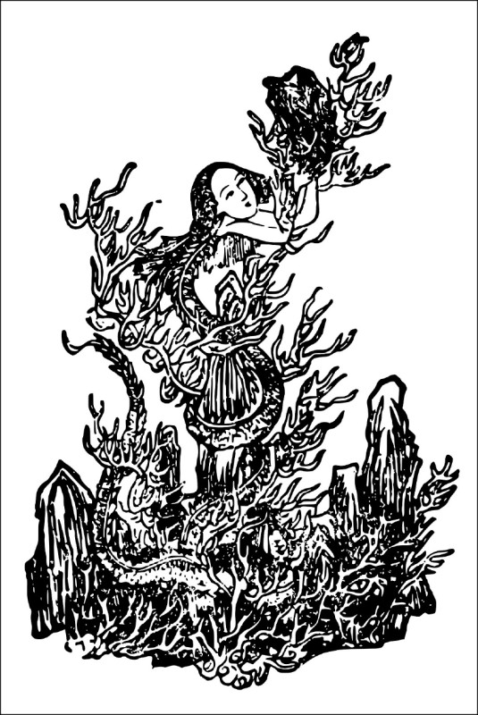 女媧是人首蛇身。圖為蕭雲從《女媧》，選自《離騷圖》，刊印於清初順治2年（1645年）。