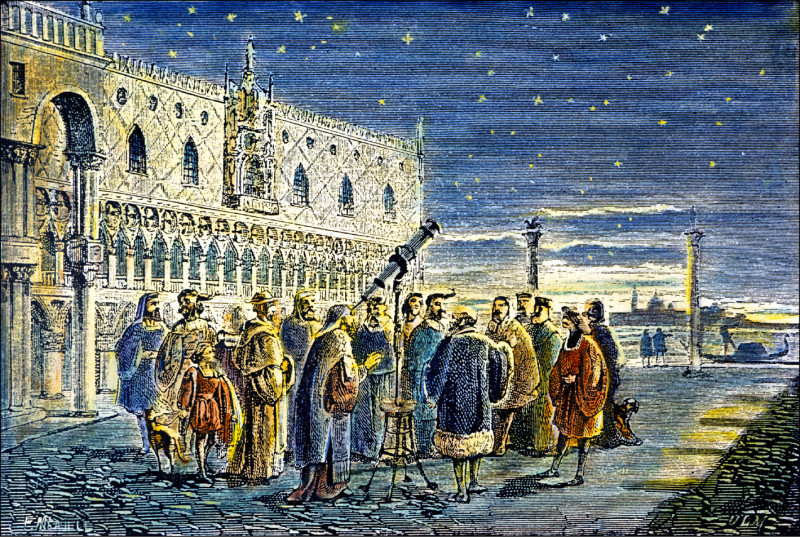 1609年，伽利略向威尼斯總督與議員展示他用望遠鏡發現木星衛星的景象。圖為1870年Louis Figuier《Vies des Savants Illustres》書中的著色版畫。（達志）