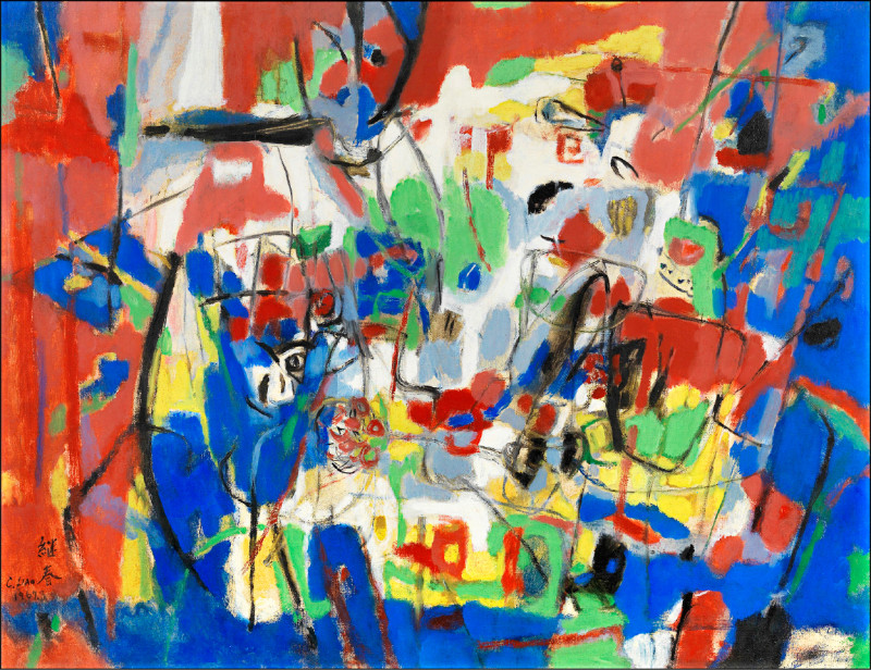 廖繼春1967年的作品〈幻想〉一度被誤標名為〈割麥〉，但在修護過程中，發現這張標籤上的殘字，經多方比對與仔細研究，終於找回本名。（史博館提供）