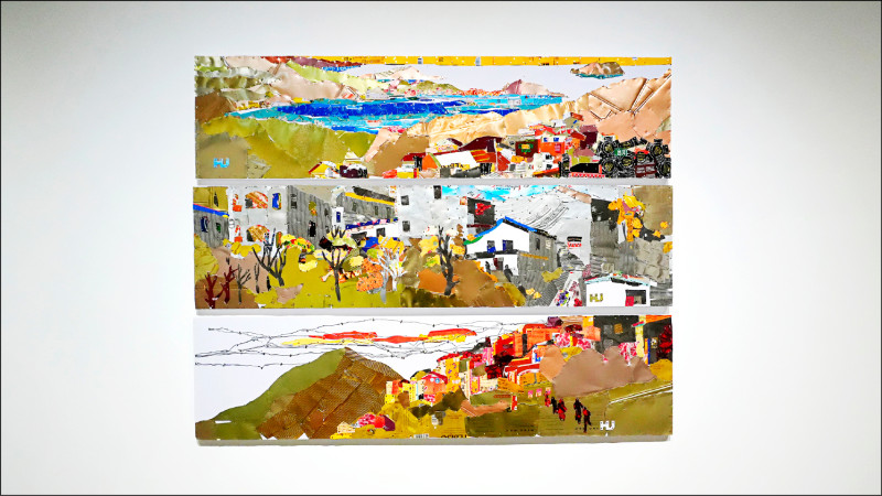 胡達華〈黃金山城：望海、疊屋、觀山（上至下）〉2025。（鍾惠淳攝，新北市美術館提供）