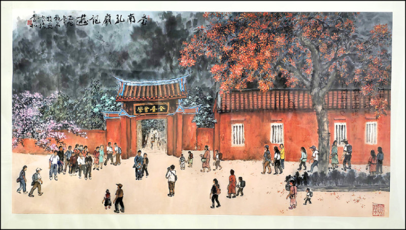 陳牧雨的〈孔子廟〉，2025，水墨設色、宣紙，74×140公分。