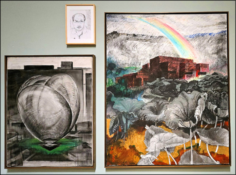 黃才郎〈心想事成─公共藝術構想〉、〈彩虹雨後高美館〉，與〈自畫像〉並陳圖。