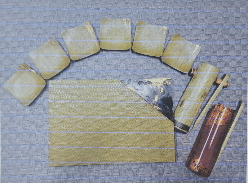 2025年南投縣竹藝產品開發競賽優選作品「黑曜鎏金」，為低調奢華風格的茶席器具。（南投縣文化局提供）