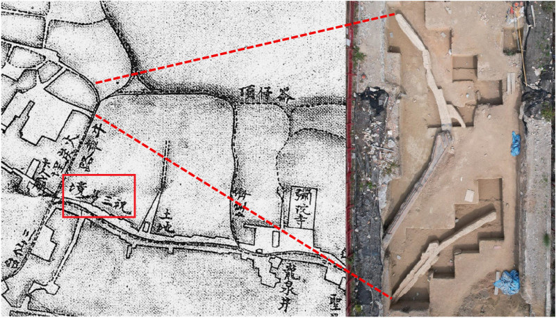 出土遺構、祝三多境與1875年的「臺灣府城街道全圖」對照圖。（南市文資處提供）