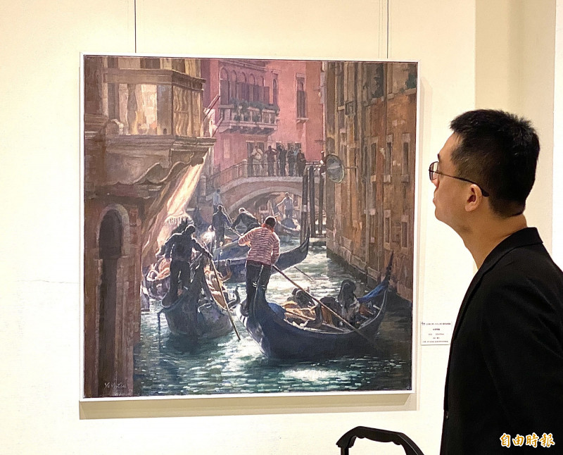 劉侑誼畫作〈水巷情韻〉。（記者黃旭磊攝）