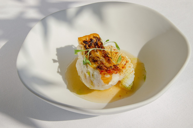 本季熱前菜創意解構經典台式酒家菜魷魚螺肉蒜，轉化為「季節鮮魚佐魷魚螺肉蒜」。（北投麗禧溫泉酒店提供）