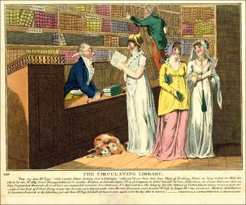 陳年版畫呈現了珍.奧斯汀時代流通圖書館的樣貌,可看出女性是主要的客群。