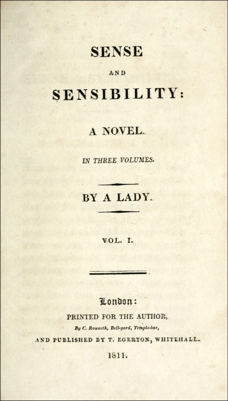 《理性與感性》初版的書名頁,沒有作者名,只告知此書是一位女士所寫。