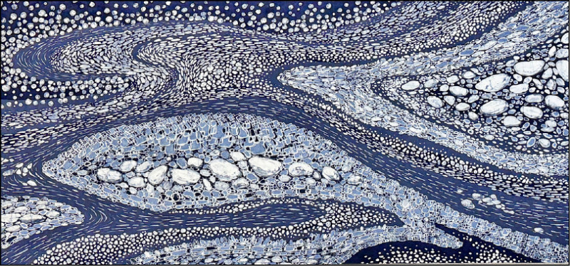 2004蠟染作品〈劫後〉描述的是土地被破壞後產生的土石流景象。