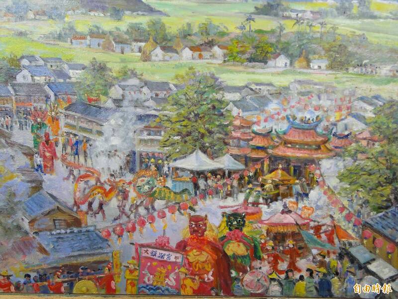 林智信〈芬芳寶島〉長幅油畫中，將大甲媽祖遶境熱鬧盛況入畫。（資料照，記者洪瑞琴攝）