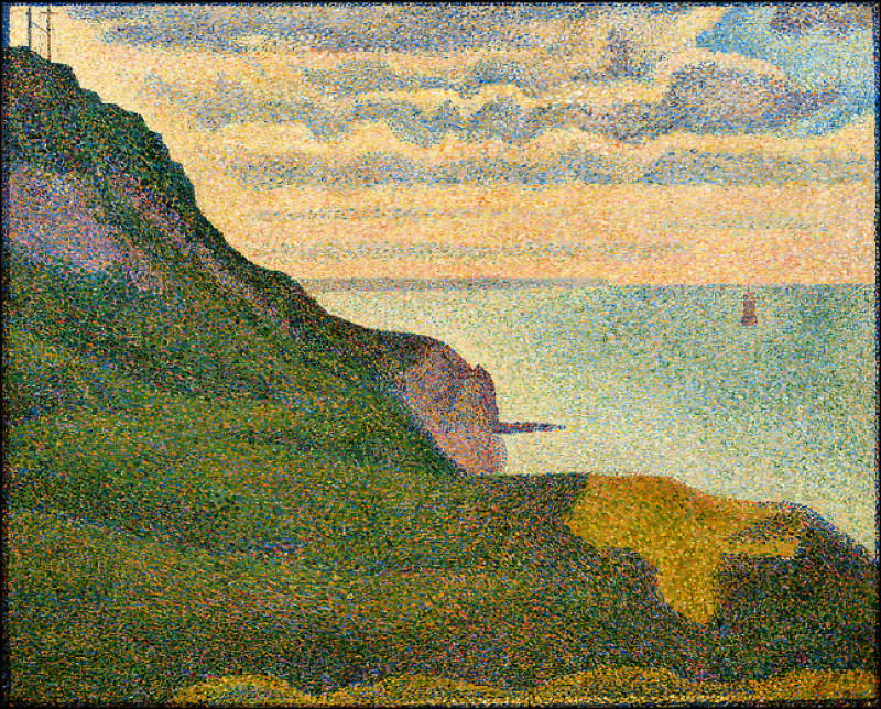 秀拉1888年作品〈諾曼第．貝桑港海景〉。（考陶德美術館提供）