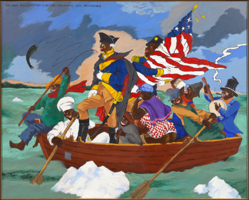 羅伯特．科司考特1975年作品〈喬治．華盛頓．卡佛橫渡德拉瓦河：美國歷史教科書的一頁〉。（盧卡斯敘事藝術博物館提供）