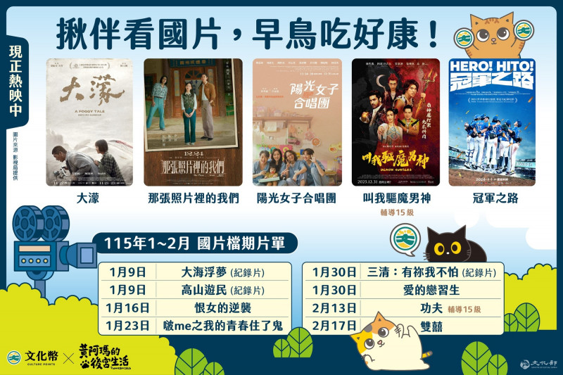 文化部鼓勵青少年使用文化幣揪伴看國片，同時列出寒假強檔國片推薦。（文化部提供）