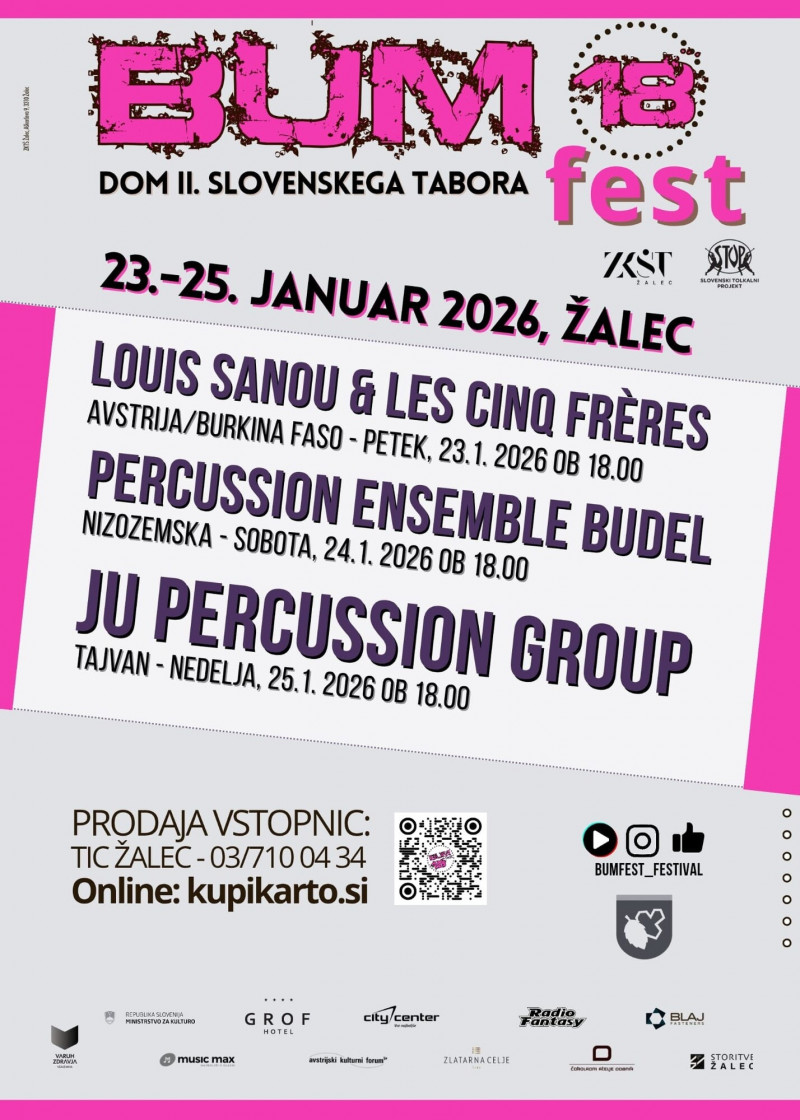 斯洛維尼亞BUMfest國際打擊樂節主視覺海報上，秀出來自台灣的朱宗慶打擊樂團，將於1月25日演出。（朱團提供）