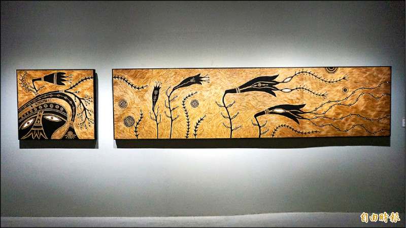 伊誕‧巴瓦瓦隆〈如果有一天，大地的風不再吹了〉以木板、版畫顏料、壓克力顏料等媒材創作。（記者董柏廷攝）