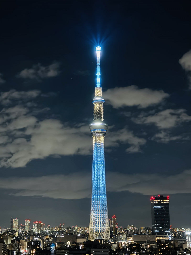 夜色中的東京晴空塔，外牆換上季節期間限定的燈光秀。（郭麗蘭提供）
