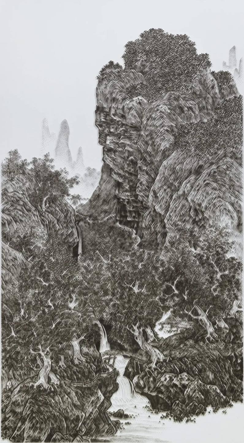 陳浚豪《臨摹宋范寬〈秋林飛瀑圖〉》，不鏽鋼蚊釘、畫布、碳化夾板，280 x 155.5公分。2022。（耿畫廊提供）