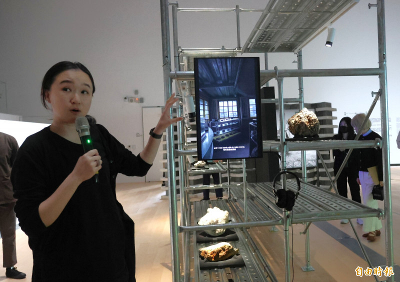 策展人王韓芳說，此檔展覽可想像為跟棉線與石頭有關的博物館。（記者黃政嘉攝）