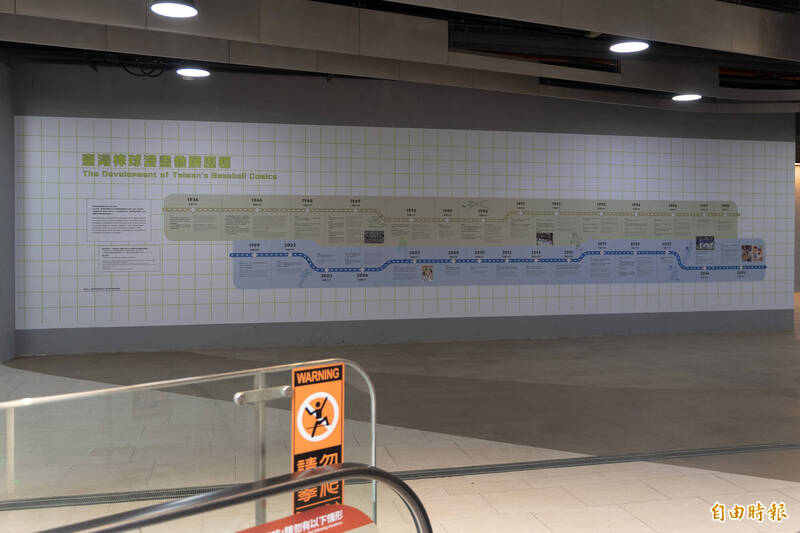 「壘上有人：台灣棒球漫畫的全力一擊」特展，於大巨蛋周邊展出台灣運動漫畫發展歷程年表。（記者董柏廷攝）