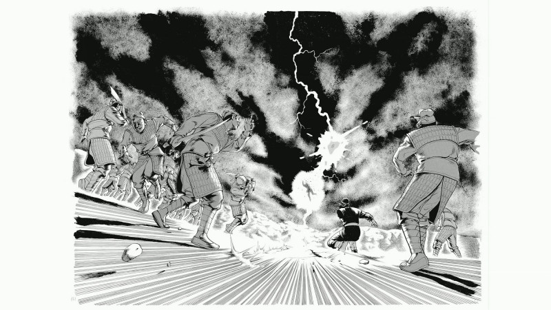 時任《星期漫畫》創辦人郝明義分享陳弘耀連載代表作《一刀傳》（1989），首開『穿越』概念先例，開創了嶄新的敘事方式。（陳弘耀工作室提供）