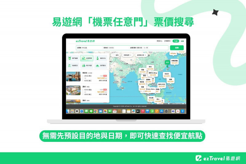 易遊網全新「機票任意門」搜尋功能，無需先預設目的地與日期，即可快速查找便宜航點。（易遊網提供）