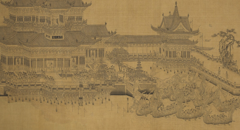 元王振鵬〈寶津競渡圖〉可見畫中大批龍舟聚集，還有華麗的樓閣舟車。（故宮提供）