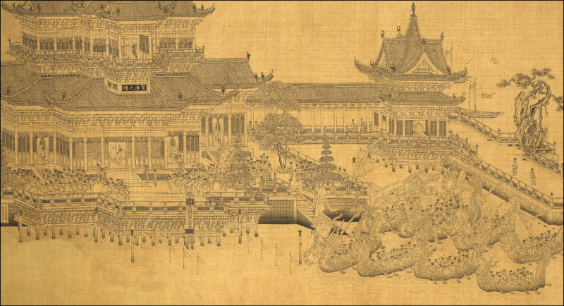 元王振鵬〈寶津競渡圖〉可見畫中大批龍舟聚集，還有華麗的樓閣舟車。（故宮提供）
