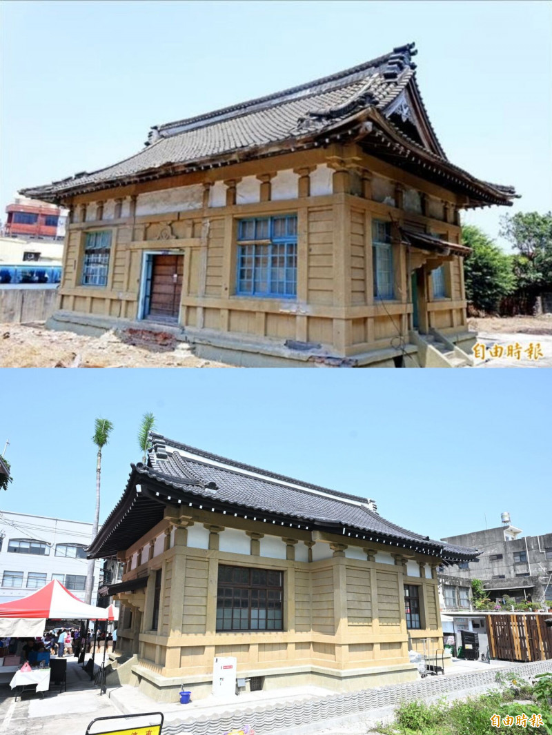二林武德殿曾因年久失修，牆面頹圮（上圖），近日修復完工，重現昔日風華（下圖）（上圖：資料照，下圖：記者陳冠備攝）