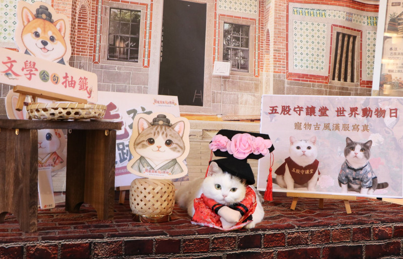 貓咪穿上格格裝、旗袍，狗狗換上漢服、唐裝，毛孩一秒穿越時空，成為百年建築裡的可愛精靈。（記者翁聿煌攝）