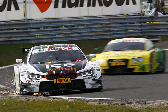 Audi去年冠軍車手Mike Rockenfeller（後方黃綠塗裝的Audi RS5 DTM賽車），本賽季多次與BMW頭號戰將Marco Wittmann近身肉搏、激烈攻防，但由於車隊策略失當，加上個人運氣不佳，整個賽季始終未贏得一場分站勝利。