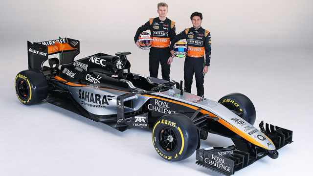 採用賓士動力的Force India車隊，今年車手陣容維持NicoHülkenberg（左邊高個子）及墨西哥車手Sergio Perez，1月份率先發表了車隊的新贊助塗裝，不過圖中的賽車仍為去年的VJM07，只是車頭裝上了2015年的新款鼻翼。