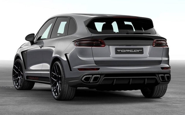車尾部分除了換上寬體後葉子鈑以及大型尾翼之外，TopCar也將Porsche自家老弟Macan的尾燈給移植到這輛Cayenne身上。