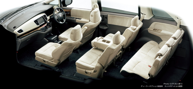 Honda Odyssey hybird 因電池空間需求，取消了前排中央走道的設計，並提供緊急電源供應的選配項目滿足戶外活動的供電需求。
