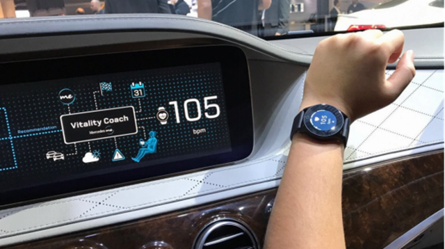 Mercedes-Benz 在今年 CES 消費性電子大展上，發表一項最新車用科技系統，能透過穿戴裝備控制環境照明、空氣芳香等功能。（圖片來源：Wareable）