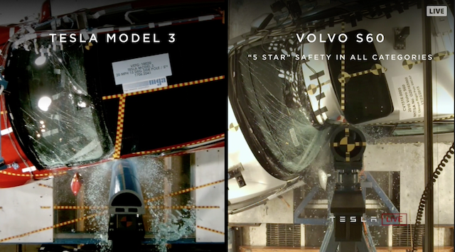 Elon Musk 也在現場公佈 Model 3 與獲得 5 顆星安全認證的 Volvo S60 遭受車身側撞時的畫面做對比。